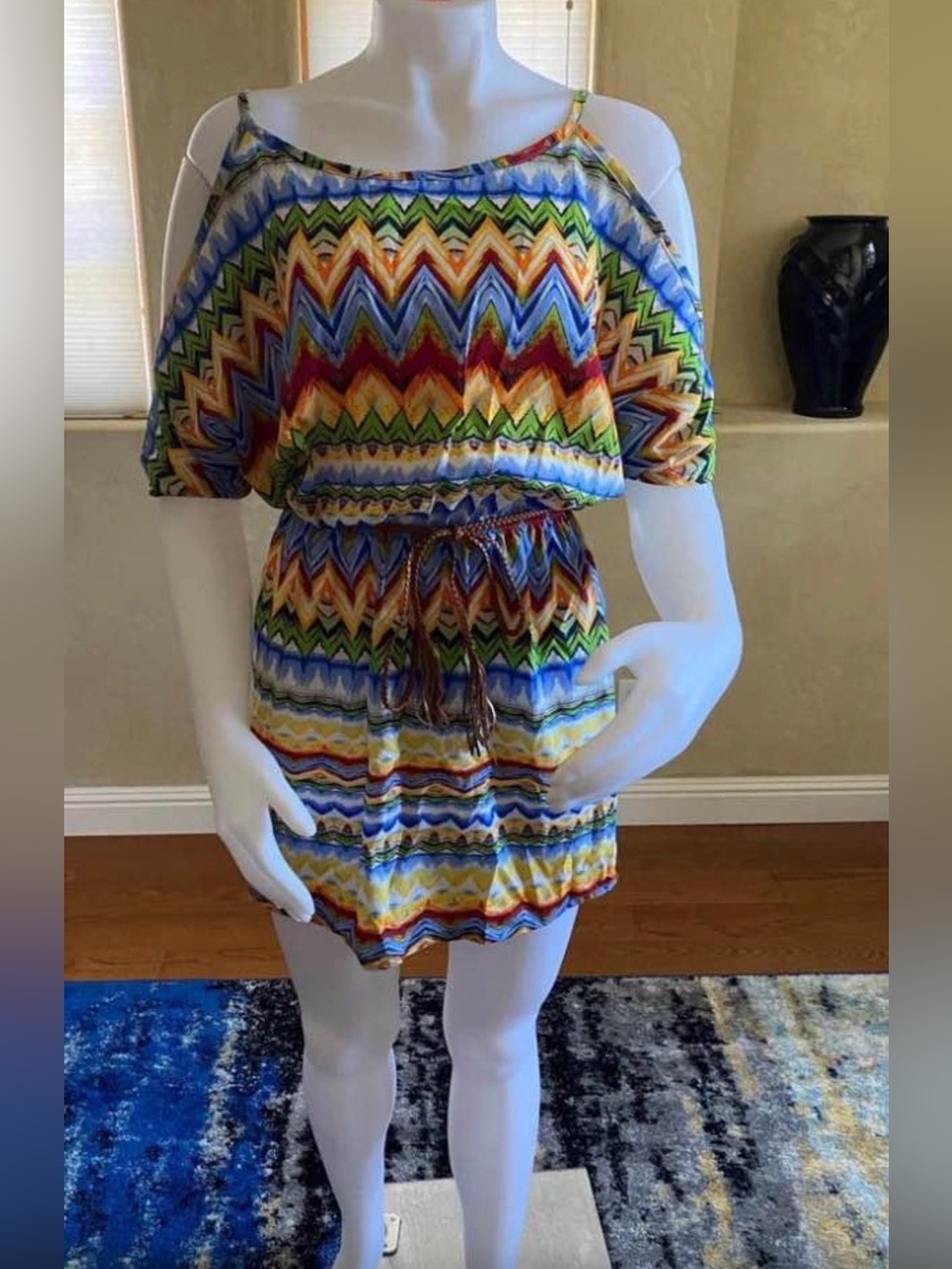 Maude boutique Colorful cold shoulder summer dress pleather fringe belt sz Small